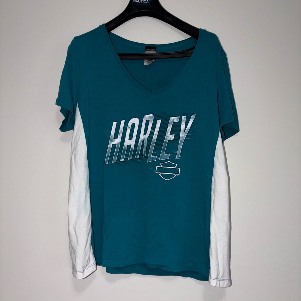 Harley-Davidson Ocean State Shop Exeter RI Teal Graphic Tee 1X 2019 V-Neck